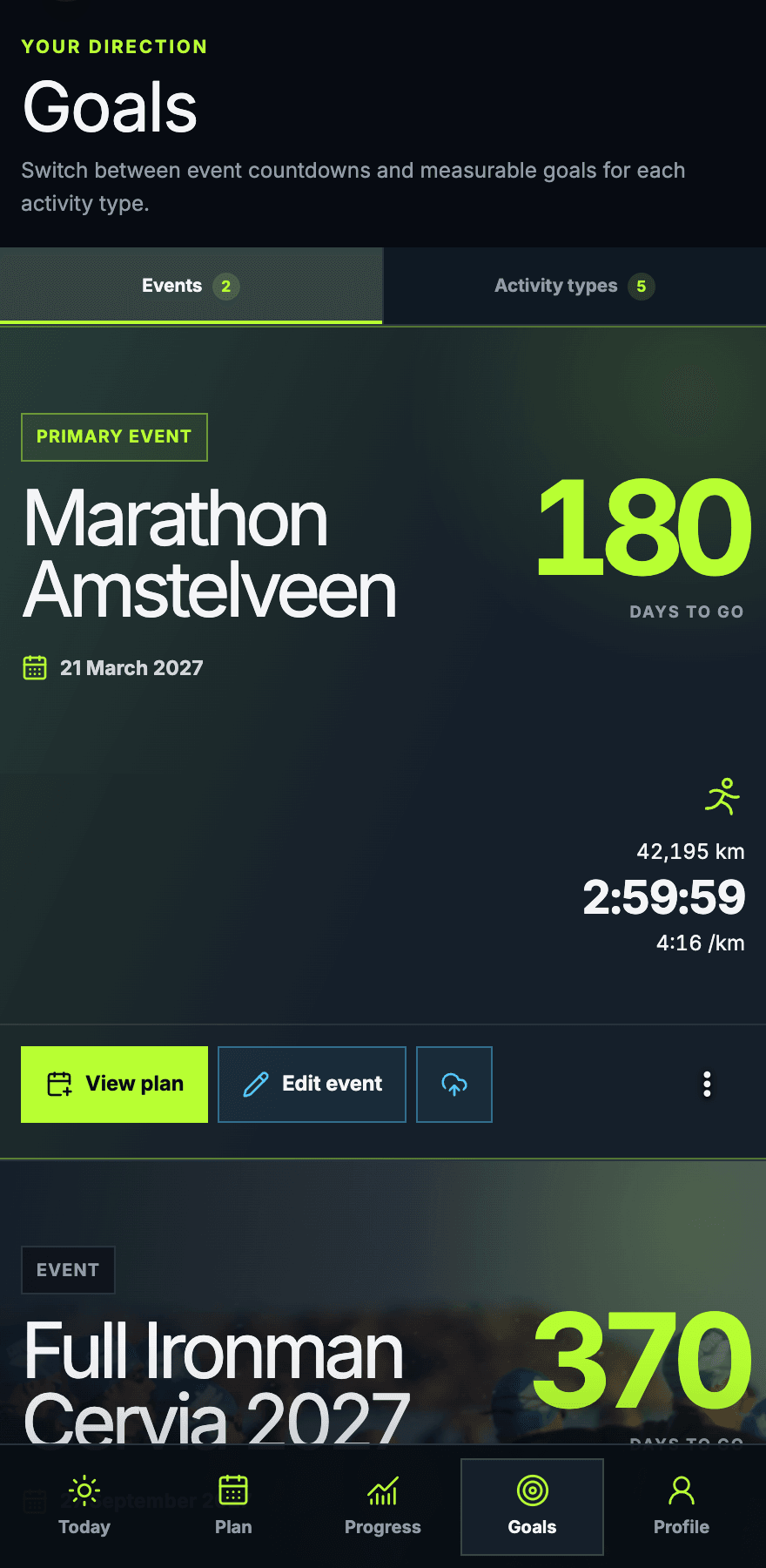 Pitwall Goals with a marathon countdown and its distance, time and pace target.