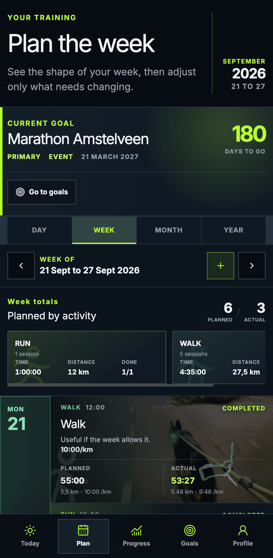 The real Pitwall week planner showing an event countdown, weekly sport totals and completed sessions.