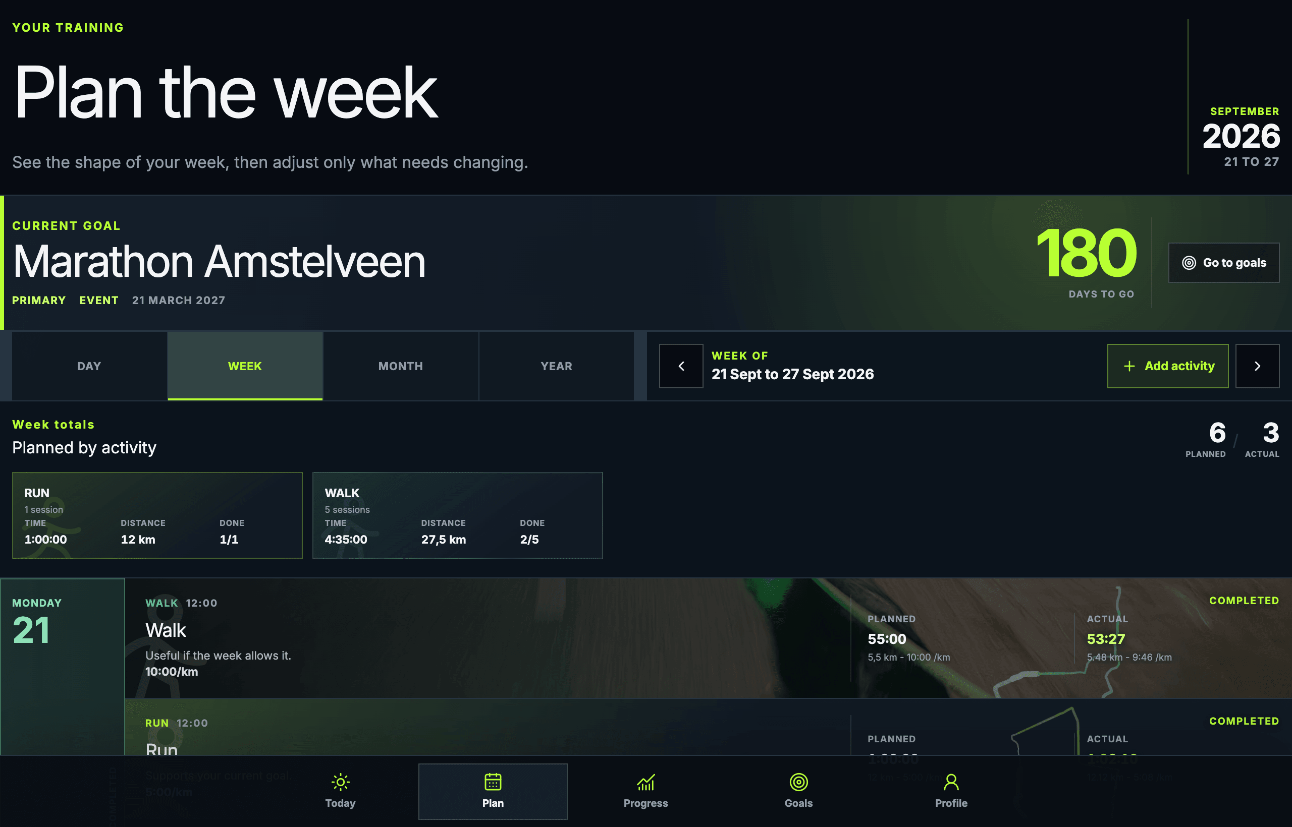 The real Pitwall week planner showing an event countdown, weekly sport totals and completed sessions.