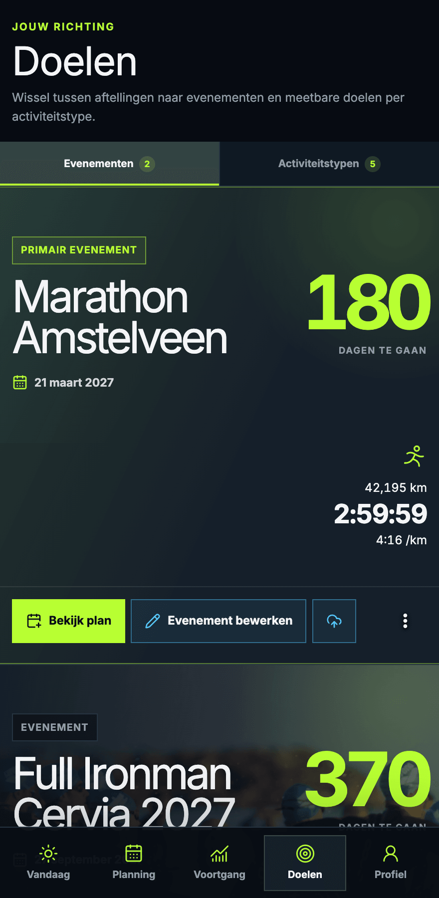 Pitwall Doelen met de aftelling naar een marathon en doelen voor afstand, tijd en tempo.